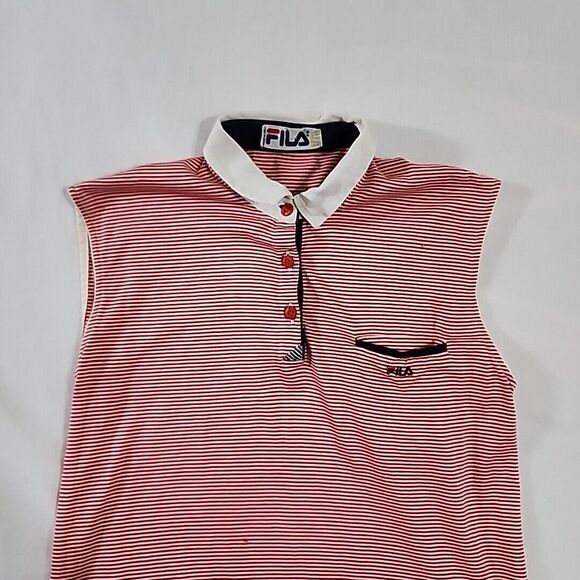 Vintage FILA Womens Medium collared sleeveless top Striped Red White Blue Shirt‎ - Picture 3 of 16